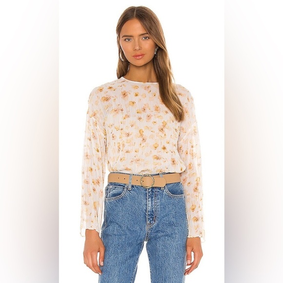 Vince Tops - Vince Pressed Petal Long Sleeve Off White Floral Print Crinkle Blouse EUC Size L